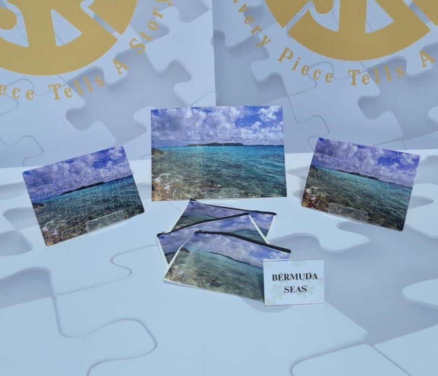 Bermuda Seas puzzle shown with its custom storage bag