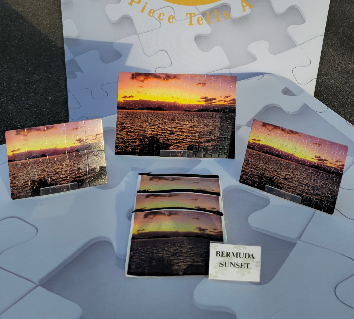 Bermuda Sunset puzzles shown with custom storage bags