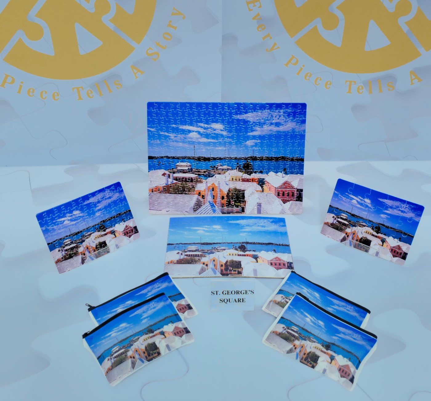 St. George Square puzzles shown with custom storage bags